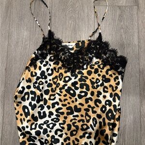 Leopard Print Camisole with Black Lace Trim
